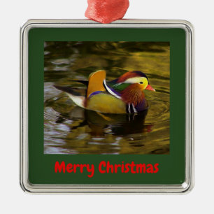 Ornamento De Metal Mandarim Pato Feliz Natal Com Prata
