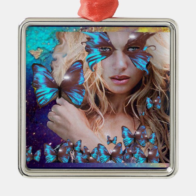 ORNAMENTO DE METAL MANTEIGA AZUL EM ESPUMANTES VERDES DOURADOS TEAIS (Frente)