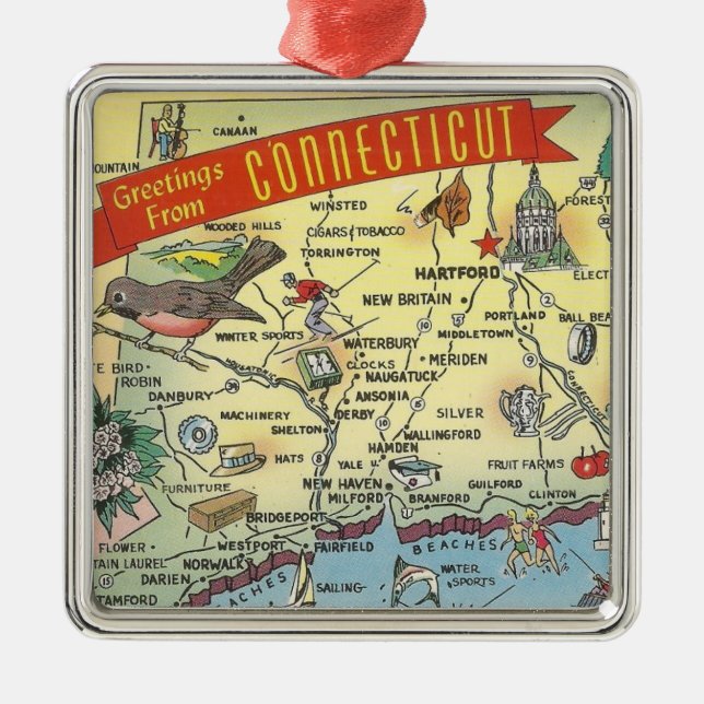 Ornamento De Metal Mapa Antigo de Connecticut  (Frente)