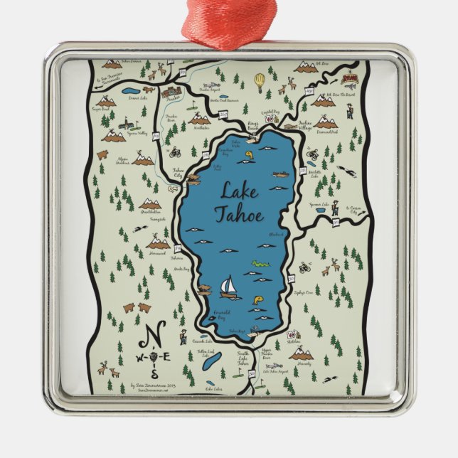 Ornamento De Metal Mapa completo da área de Lake Tahoe (Frente)