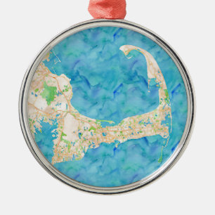 Ornamento De Metal Mapa de Cabo Cod de Aquarela