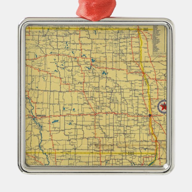 Ornamento De Metal Mapa de estradas N & S Dakota (Frente)
