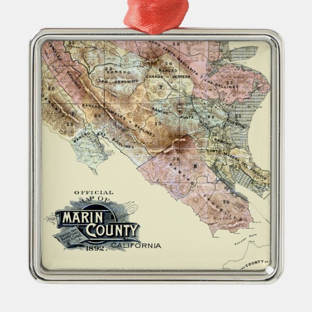Ornamento De Metal Mapa de Marin County em 1890 (Frente)