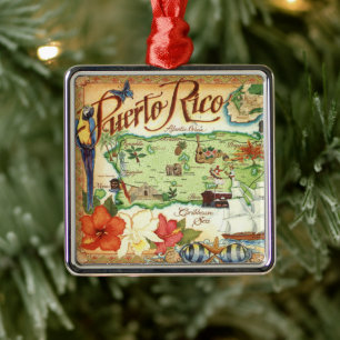 Ornamento De Metal Mapa Ilustrado de Porto Rico Vintage