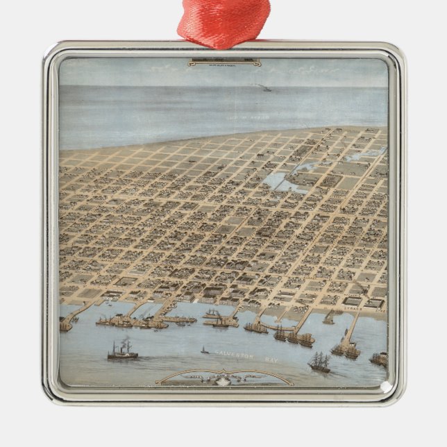 Ornamento De Metal Mapa Pictórico de Vintage de Galveston (1871) (Frente)