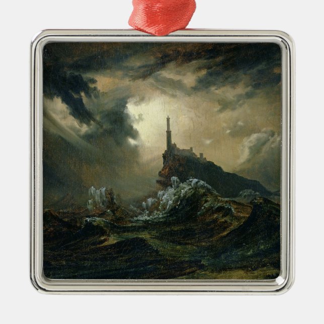 Ornamento De Metal Mar tormentoso com farol (Frente)