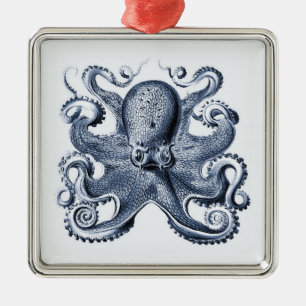 Ornamento De Metal Marinho Blue Octopus ilustrado por Ernst Haeckel