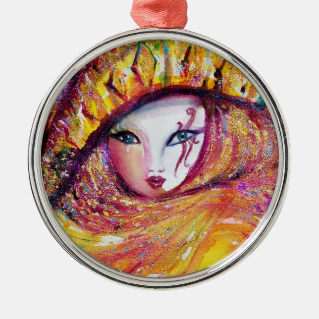 ORNAMENTO DE METAL MÁSCARA CARNIVAL NO AMARELO DOURADO COM ROSA VERME (Frente)