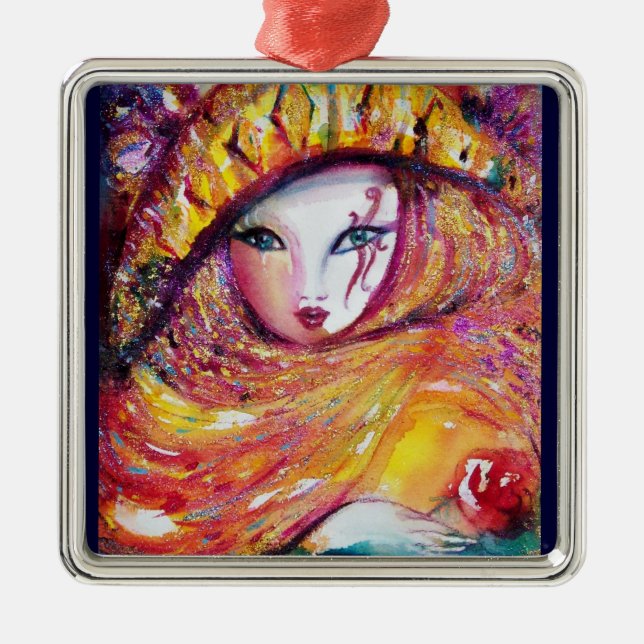 ORNAMENTO DE METAL MÁSCARA CARNIVAL NO AMARELO DOURADO COM ROSA VERME (Frente)