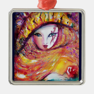 ORNAMENTO DE METAL MÁSCARA DO CARNAVAL NO AMARELO DOURADO COM ROSA