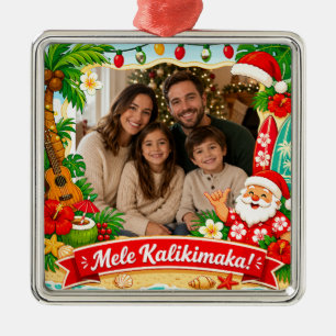 Ornamento De Metal Mele Kalikimaka Foto de Natal em Família Havaiano