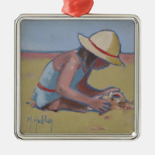 Ornamento De Metal Menina bonito do miúdo da praia que joga na areia