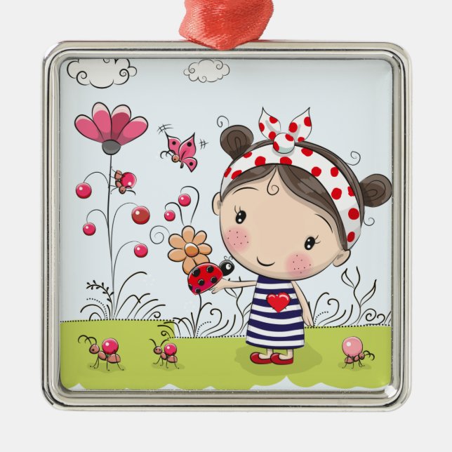 Ornamento De Metal Menina bonito dos desenhos animados com o joaninha (Frente)