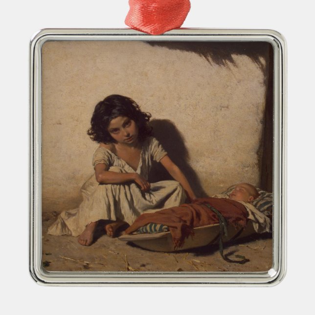 Ornamento De Metal Menina com bebê (Pobre Criança da Rua) (Frente)