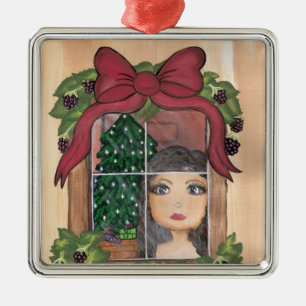 Ornamento De Metal Menina da janela do Natal de Cutie do quantum