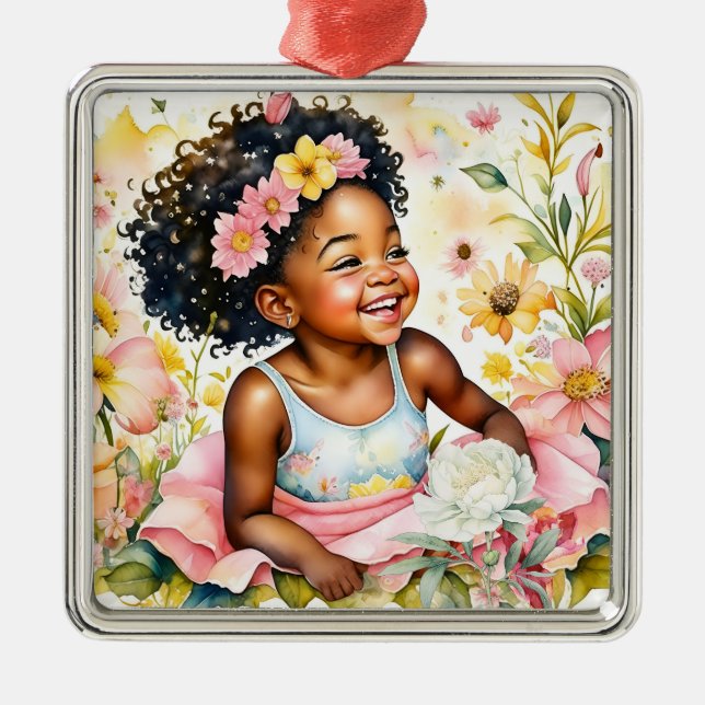 Ornamento De Metal Menina em Flores Rosa Natal (Frente)