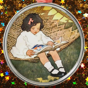 Ornamento De Metal Menina lendo em uma rede