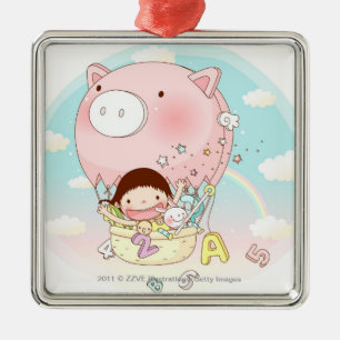 Ornamento De Metal Menina que senta-se no balão de ar quente,