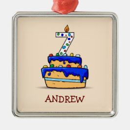 Ornamento De Metal Menino Aniversário de 7 anos, 7 no Bolo Azul Doce