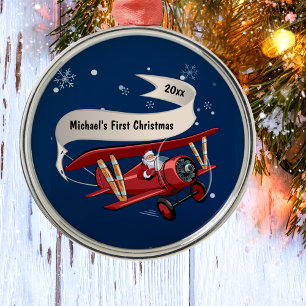 Ornamento De Metal Menino Primeiro Natal Papai Noel Avião Personaliza
