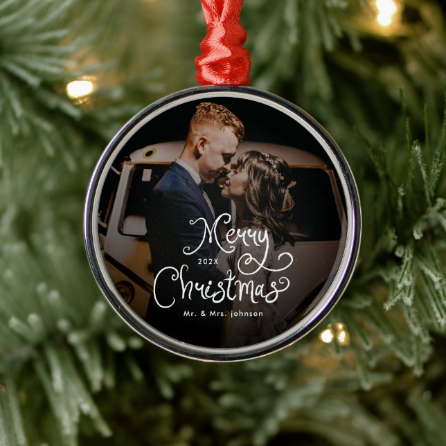 Ornamento De Metal Merry Christmas Whimsical Script  Custom Photo  (Árvore)