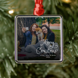 Ornamento De Metal Merry Christmas Whimsical Script Family Photo Dog