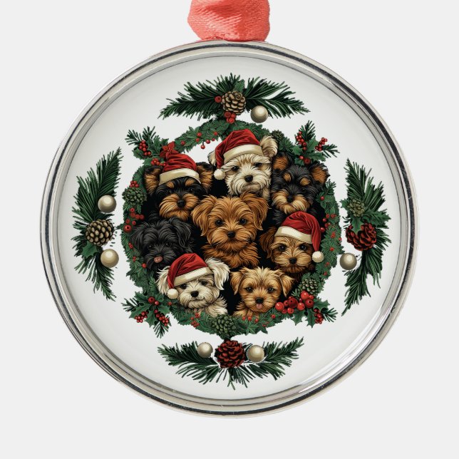 Ornamento De Metal Merry Christmas Yorkshire Terrier Dogs (Frente)