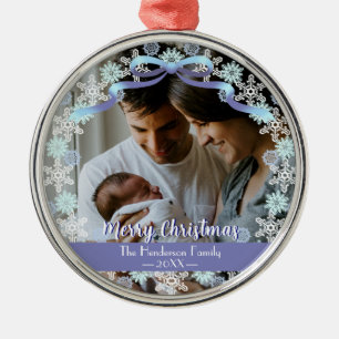 Ornamento De Metal Merry Xmas Family Photo Name Light Blue Purple