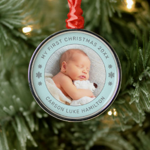 Ornamento De Metal Meu Primeiro Natal Aqua Personalizado Foto do Bebê