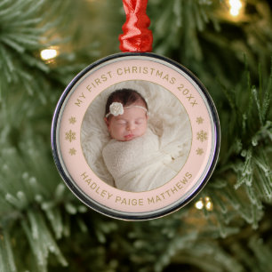 Ornamento De Metal Meu Primeiro Natal Bege Dourado Foto Personalizada
