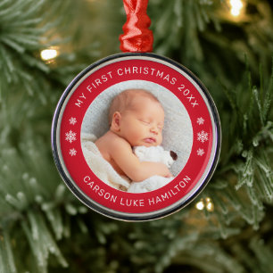 Ornamento De Metal Meu Primeiro Natal Red Personalized Baby Photo