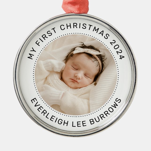 Ornamento De Metal Meu Primeiro Natal White Personalised Baby Photo (Frente)