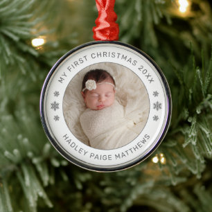 Ornamento De Metal Meu Primeiro Natal White Personalised Baby Photo