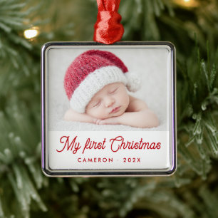 Ornamento De Metal Meu primeiro nome de foto de Natal do bebê ano