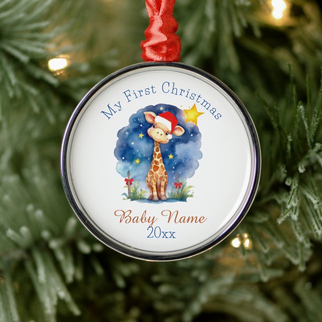 Ornamento De Metal Meu Primeiro Nome Personalizado da Girafa de Natal (Criador carregado)