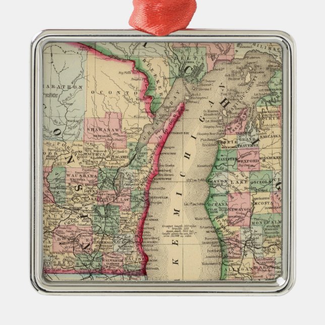 Ornamento De Metal Michigan, Mapa de Wisconsin por Mitchell (Frente)