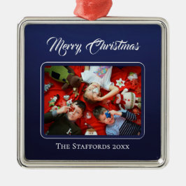 Ornamento De Metal Midnight Blue Merry Christmas Photo Ornament