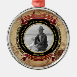 Ornamento De Metal Milestone Birthday Dourado Photo Vintage Map 70