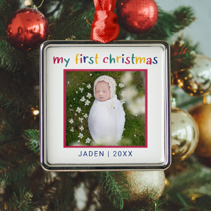 Ornamento De Metal Minha primeira foto de Natal, querida Colorida