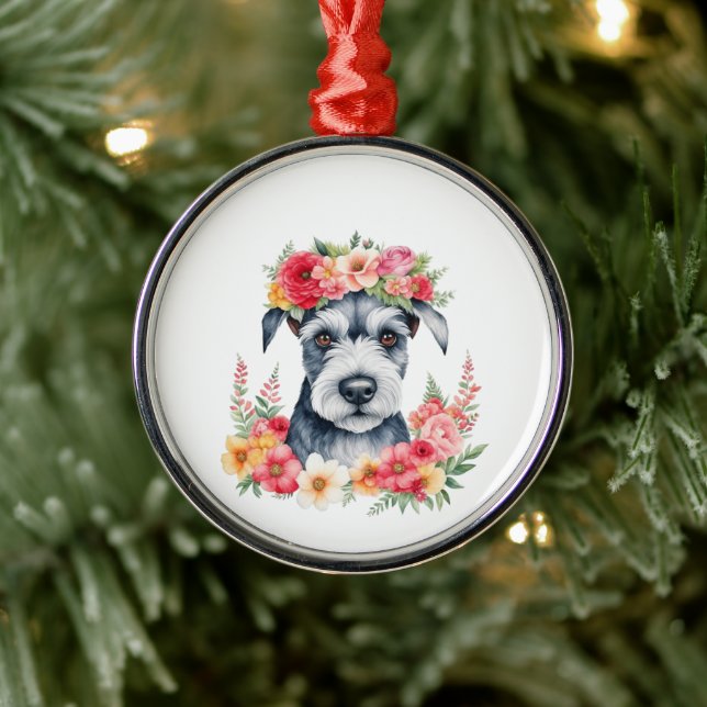 Ornamento De Metal Mini Schnauzer Floral (Árvore)