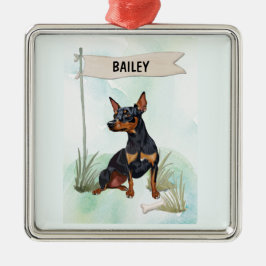 Ornamento De Metal Miniature Pinscher Watercolor Personalized Dog