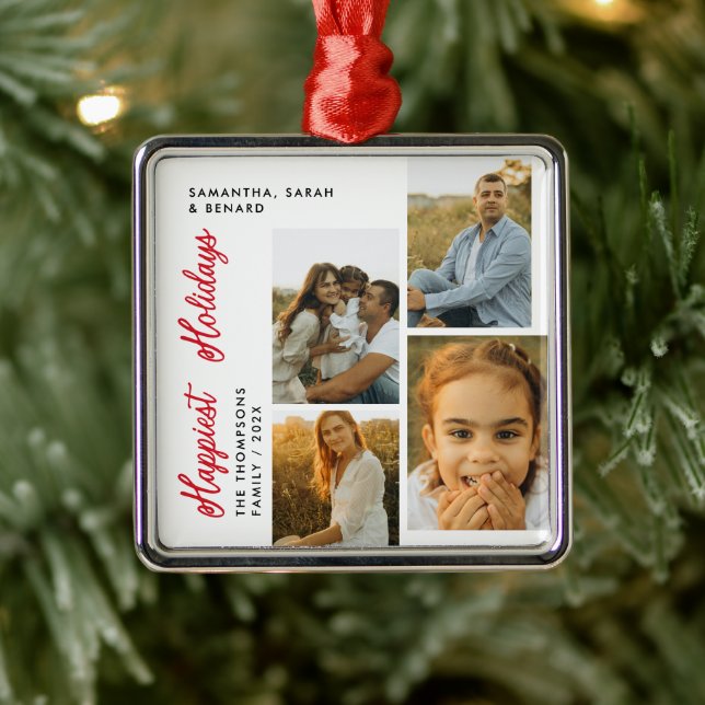 Ornamento De Metal Minimal Happiest Holidays Script Family 4 Photos (Árvore)