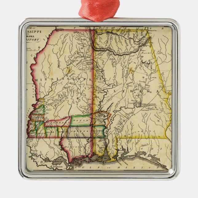 Ornamento De Metal Mississippi e mapa de AlabamaPanoramic (Frente)