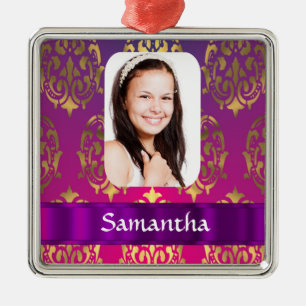 Ornamento De Metal Modelo de foto de damasco rosa personalizado