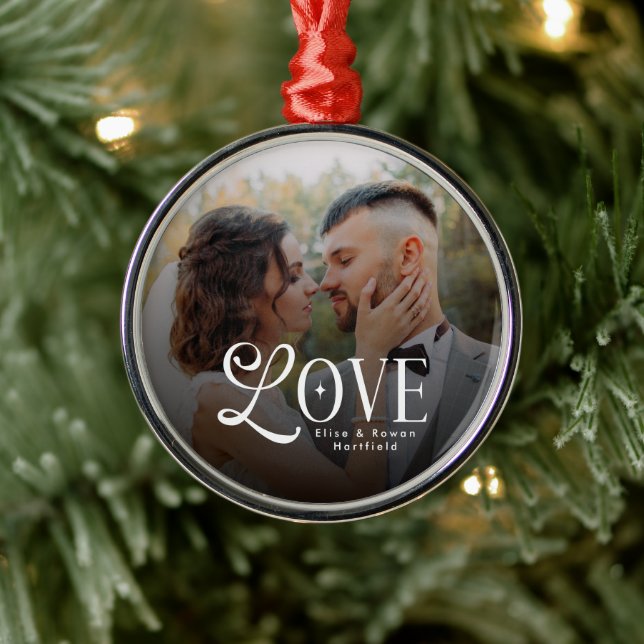 Ornamento De Metal Modern Love Custom Wedding Photo Couples Monogram (Árvore)