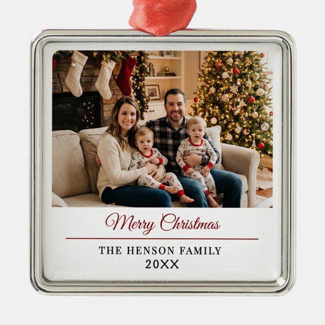 Ornamento De Metal Modern Personalized Family Photo Merry Christmas  (Frente)
