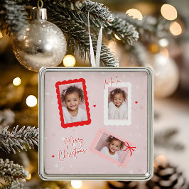 Ornamento De Metal Modern Pink “Fa La La” Multi Photo Christmas
