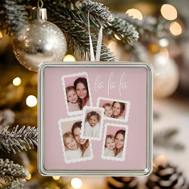 Ornamento De Metal Modern Pink “Fa La La” Multi Photo Christmas