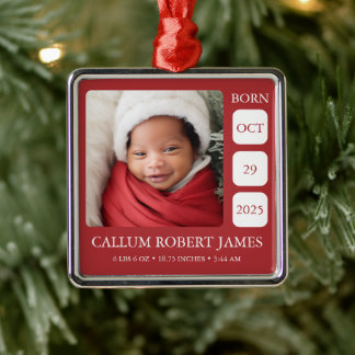 Ornamento De Metal Modern Silver Border Red Baby Birth Stats Ornament