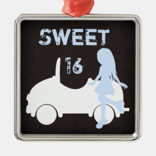 Ornamento De Metal Modern Sweet 16 Silhouette Girl and Car